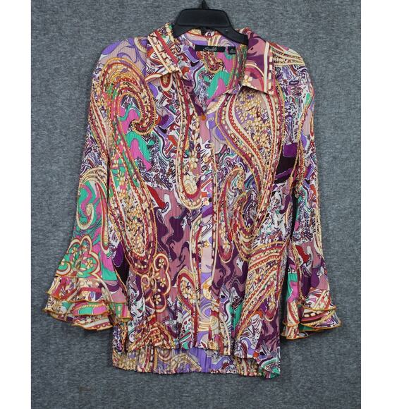 Essential By Milano XL Button Shirt Crinkle Paisley Bell Sleeve Colorful Artsy - Picture 1 of 6